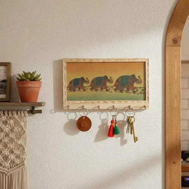 Wooden Gem Stone Key Holder with 6 Hooks Traditional Painting Key Hanger Wall Hanging