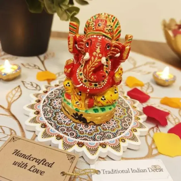 Handicrafts Wooden Lord Ganesha Statue, Handpainted Ganesha Idol Figurine
