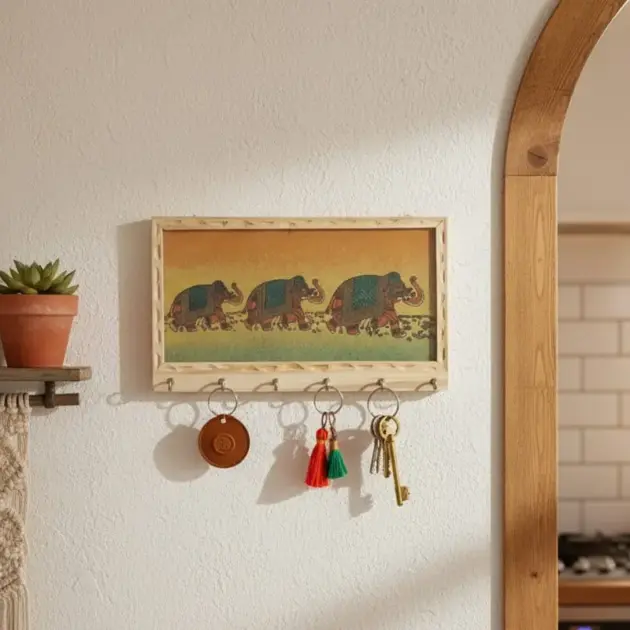 Wooden Gem Stone Key Holder with 6 Hooks Traditional Painting Key Hanger Wall Hanging