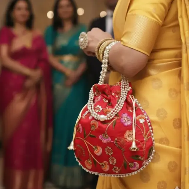 Raw Silk Hand Embridered  Work Potli Bags-multicolor