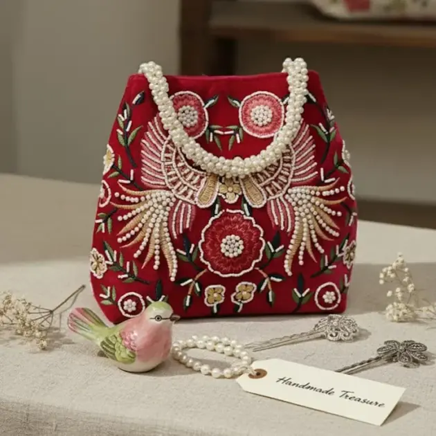 Velvet  Clutch Bag With Parsi Embroidery Pearl Work-multicolor