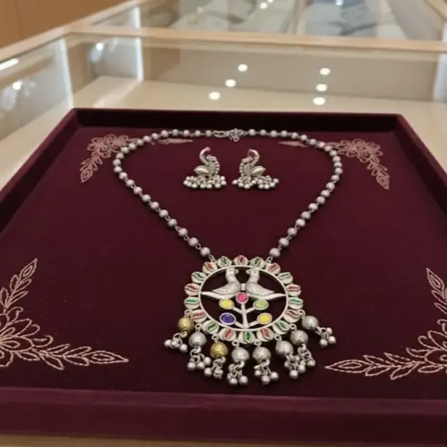 Dual Tone Silver Plated Long Pendent Necklace With Multicoloured Stones With Ghungroo