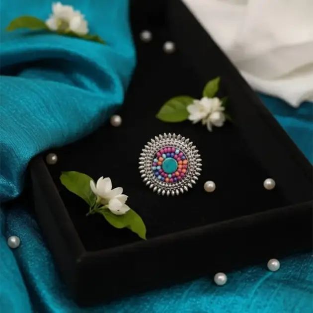 Silver Plated Oxidised Ring With Colored