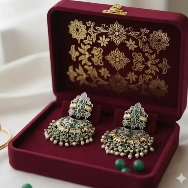 Gold Plated Silver Oxidised Green Emerald Long Earrings With Pearl Drops