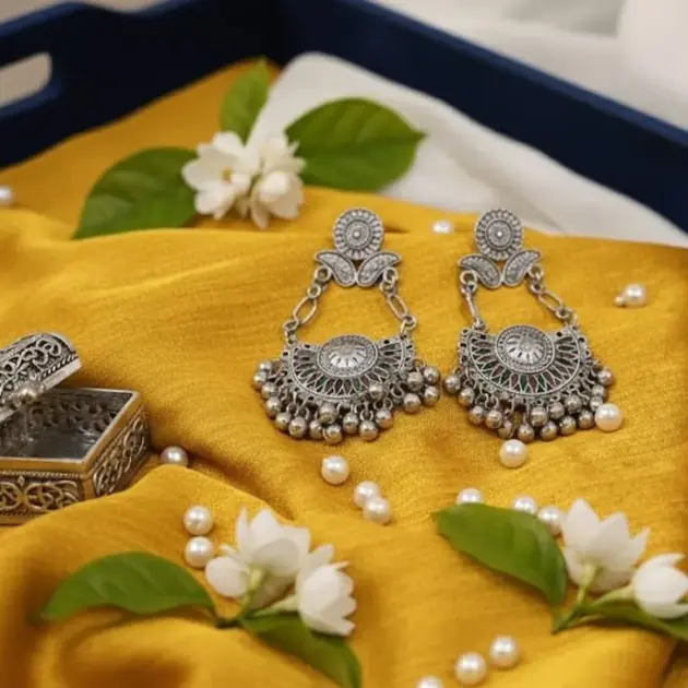 Stylish Oxidized Silver Plated Ghungroo Chandbali Earrings