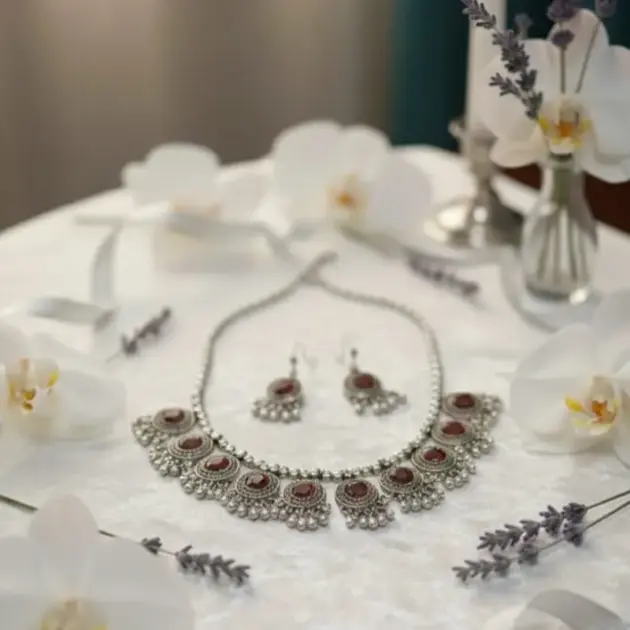 Silver Oxidised Traditional Indian Jewellery Necklace Set With Maroon