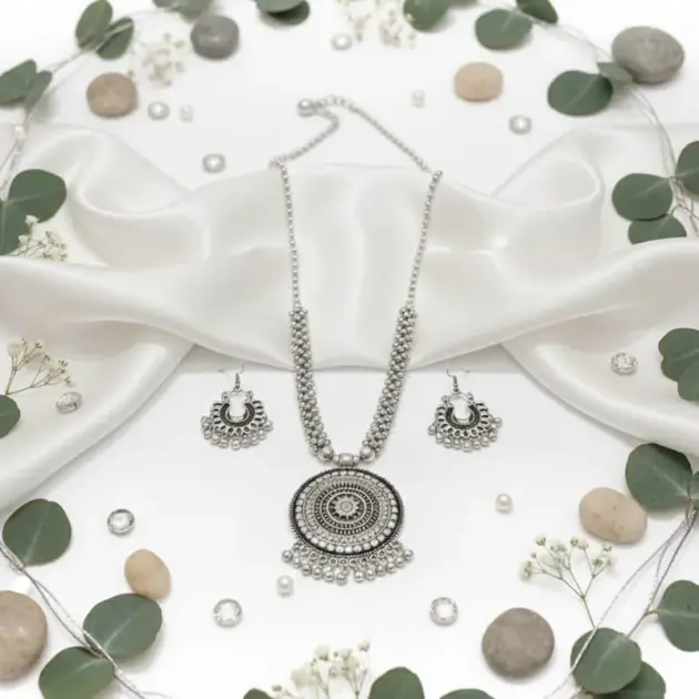 Oxidised Silver Traditional Choker Necklace Set With Matching Earrings