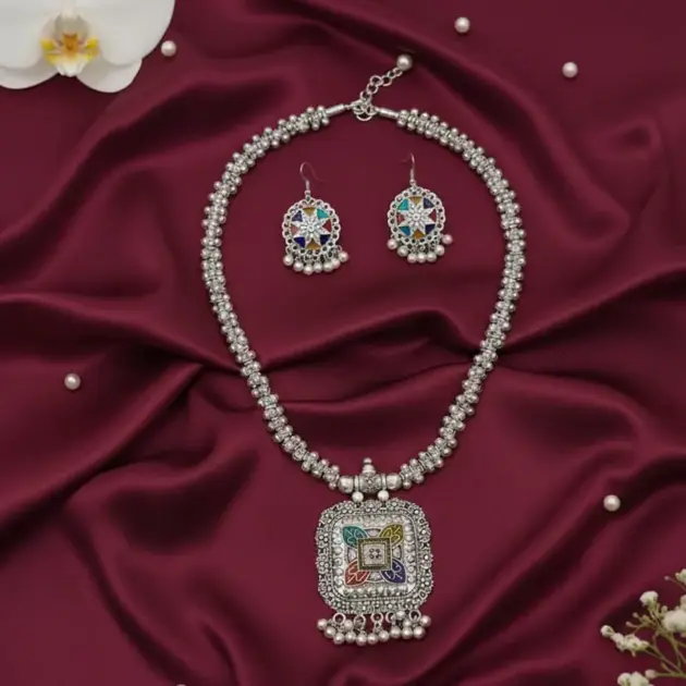 Oxidised Silver Plated Necklace And Earrings Set With Multicolor Work