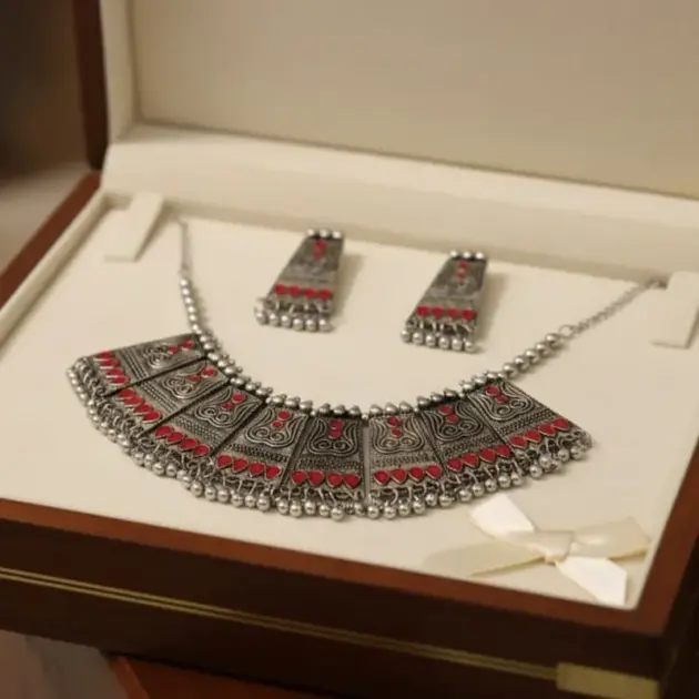 Silver Oxidised Red Meenakari Afghan Choker Jewellery Set
