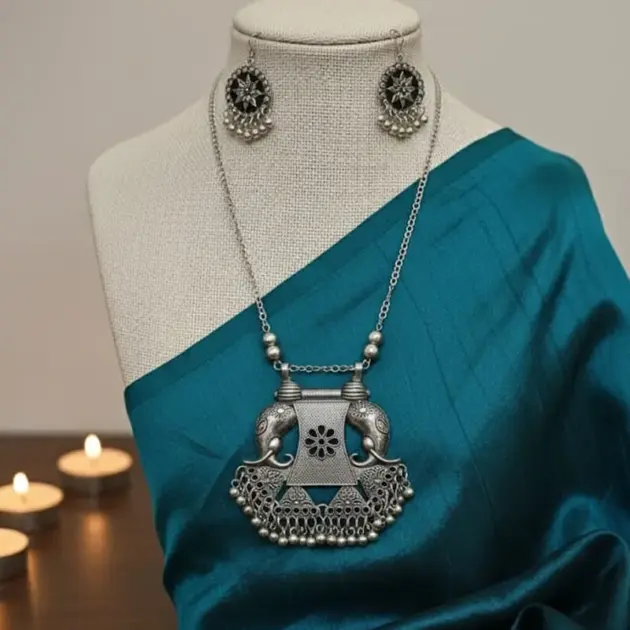 Oxidised German Silver Long Chain Pendant Necklace Set with Earrings