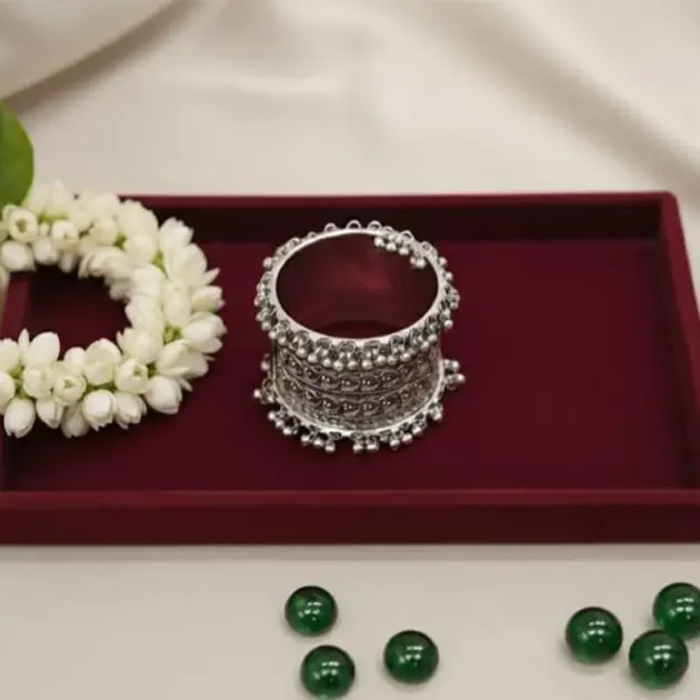 Navratri Ethnic Silver Oxidised Adjustable Afghani Ghungroo Cuff Kada Bracelet For Women