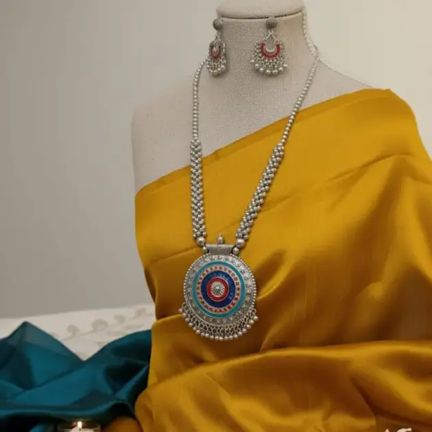 Oxidised Silver Long Necklace Set with Colorful Meenakari Work and Matching Earrings