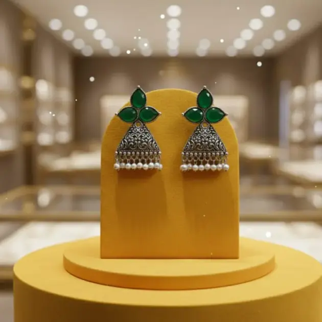 Oxidised Silver-toned Emerald Green Stone & Pearl Beaded Filgree Handcrafted Jhumka Earrings