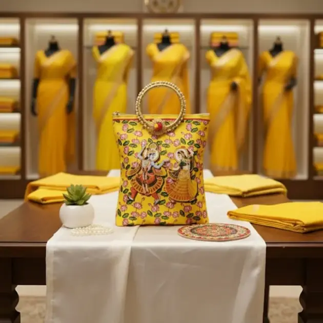 Radha-krishanji  Bag With Golden And Pearl Beads On The Handle With Gota Work