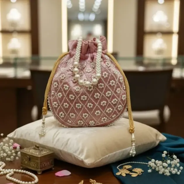 Raw Silk Hand Embroidered Pearl Potli  With Pearl String  -Multicolor