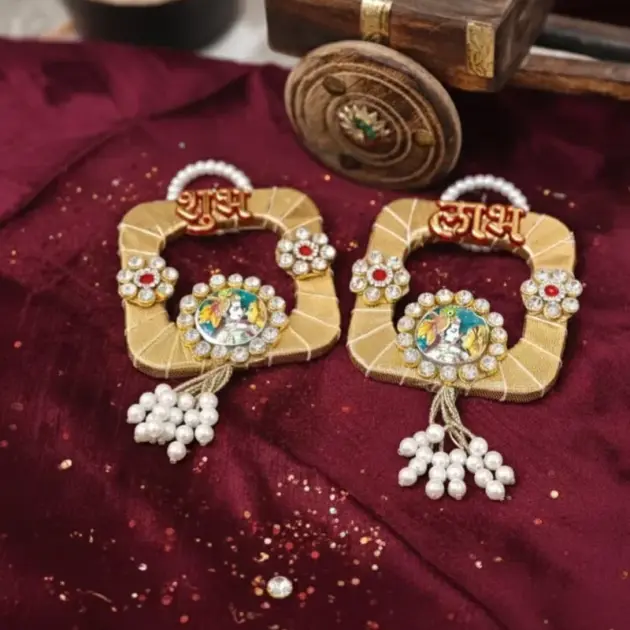 Shubh Labh With Gota And White And Stone Work With Pearl Holder( 1 Pair)