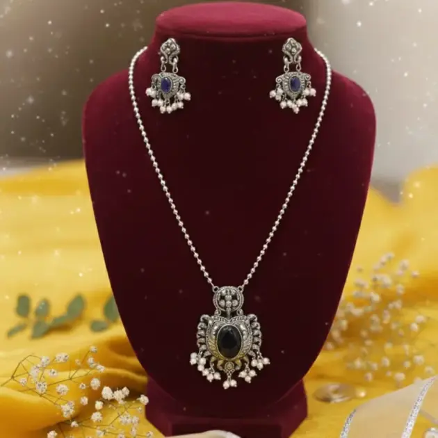 Silver Oxidised Navy Blue Stone Work Necklace Set With Pearl Drops