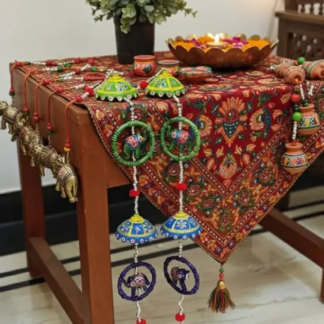 Latkan Toran Wall Hanging | Rajasthani Hangings With Bells - Elephant & Peacock In Ring Design-pair Of 2