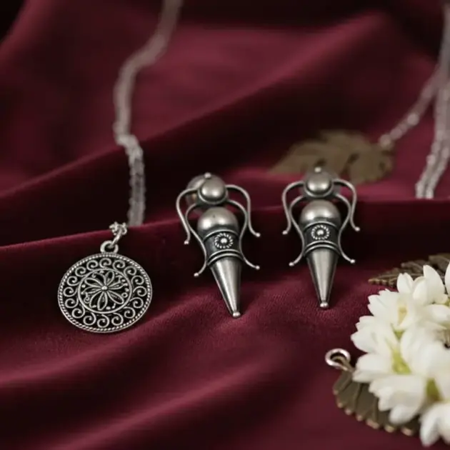 Silver Plated Oxidised Tribal Cone Drop & Bell Shaped Vintage Antique Look Earring