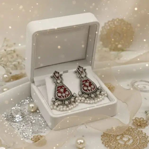 Stylish Silver & Red Stones Stud Earrings With Pearl Drops