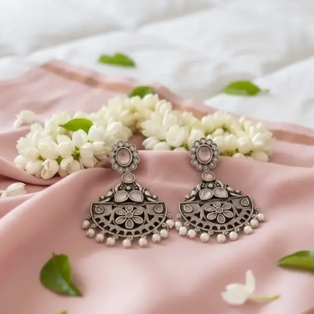 Silver- Toned Crescent Shaped Pink Color Chandbalis