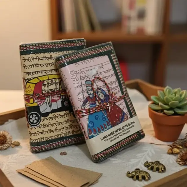 Handmade Cotton Paper Diary with Auto Rickshaw Print & Handmade Puppet Diary