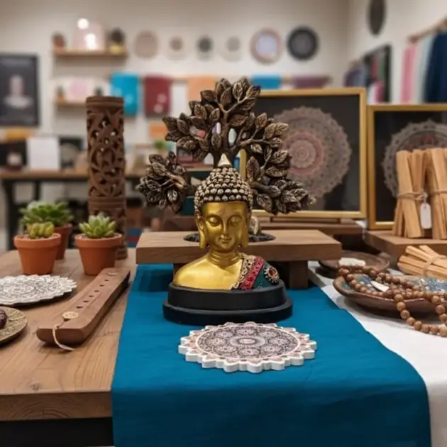 Alpana Polyresin Gold Buddha Head With Boddi Tree Figurine