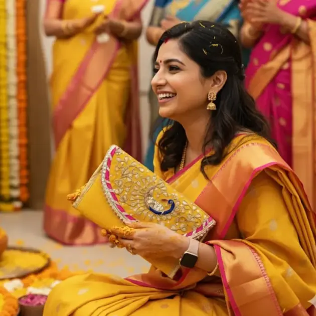 Raw Silk Clutch Or Wallet Purse With Peacock  Gota Patti Embroidered Work-multi Color