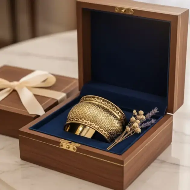 Gold Toned Brass Cuff Bracelet With Design