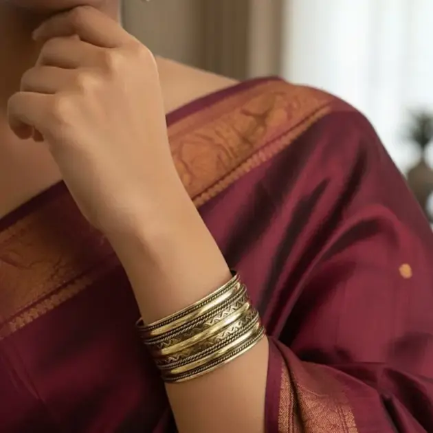 Gold-toned Antique Finish Brass Cuff Bracelet With Engraved Patterns