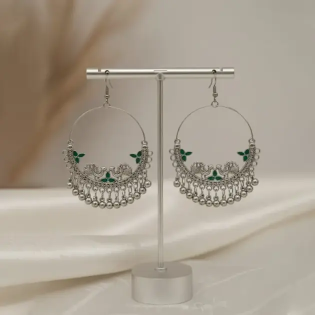 Silver Plated Oxidised Peacock Chandbali Earrings