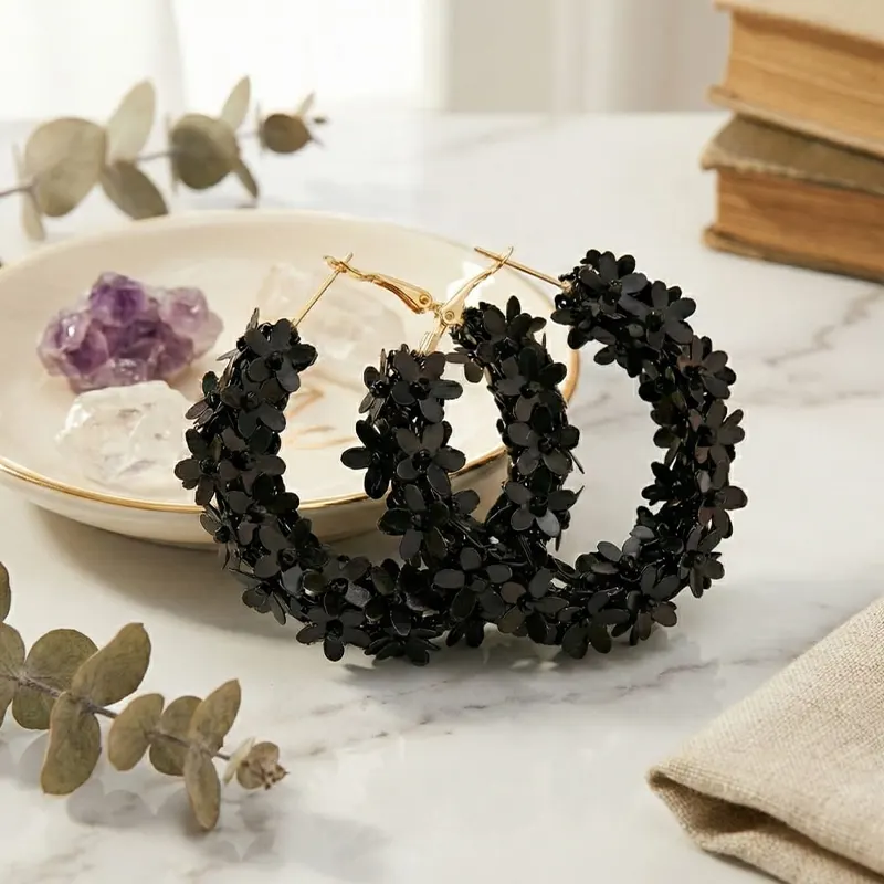 Beaded BLACKFloral Hoop Earrings
