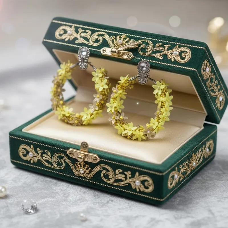 Beaded Yellow Floral Hoop Earrings - Image 2