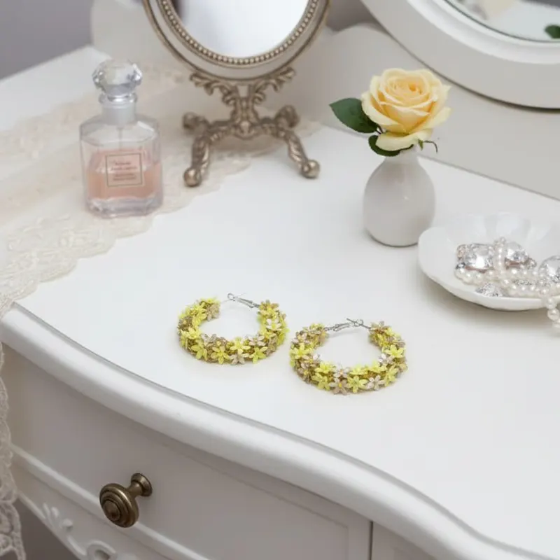 Beaded Yellow Floral Hoop Earrings - Image 3