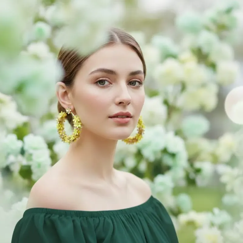 Beaded Yellow Floral Hoop Earrings