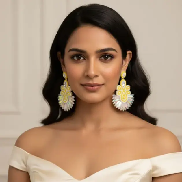 Blossom Bliss Blue-yellow Beaded Floral Earrings For Women