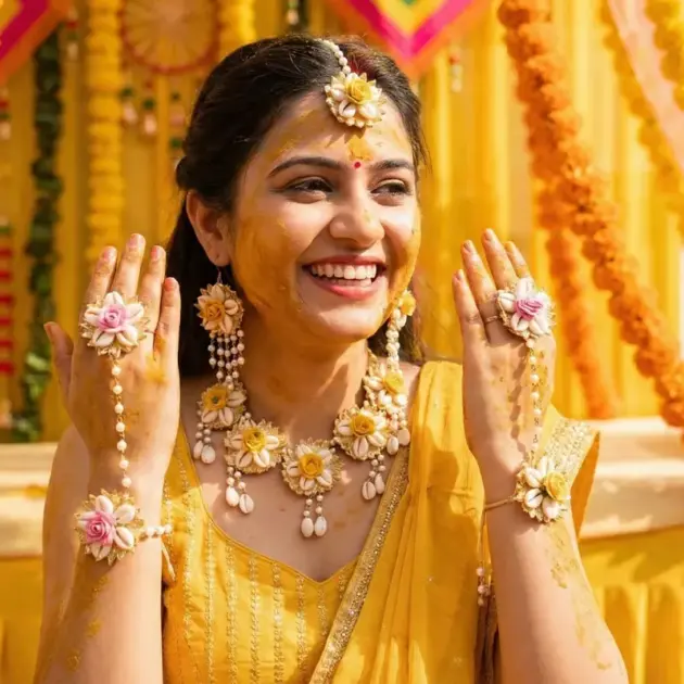 Bridal Flower Jewellery Set For Women & Girls / Haldi Set Teeka , Earrings & Hathphool Set