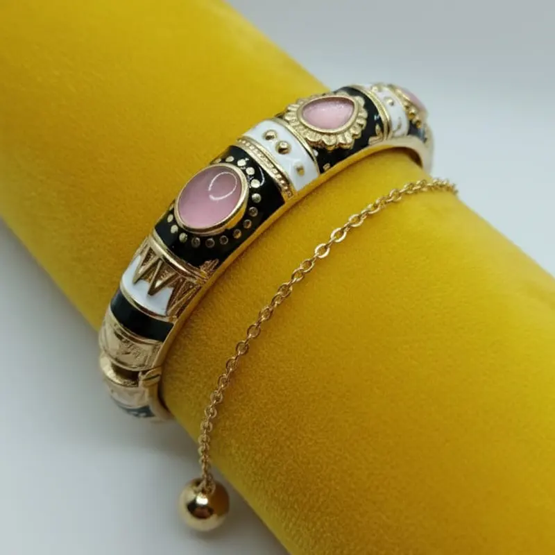 Colorful Enamel Oval Shaped Gemstone Adjustable Bracelet/kada-2 Pieces Bracelet Set-pink