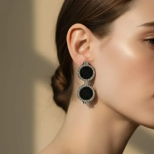 Double Circle Black And Silver Drop Earrings