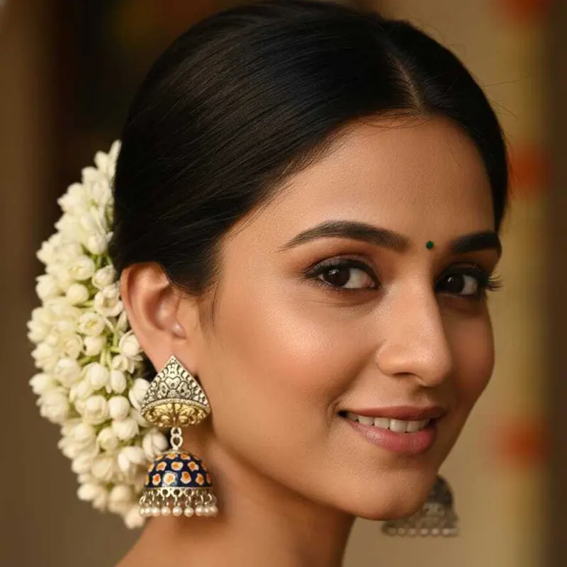 Dual Tone Oxidised Jhumka Earrings - Image 3