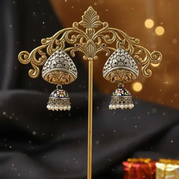 Dual Tone Oxidised Jhumka Earrings