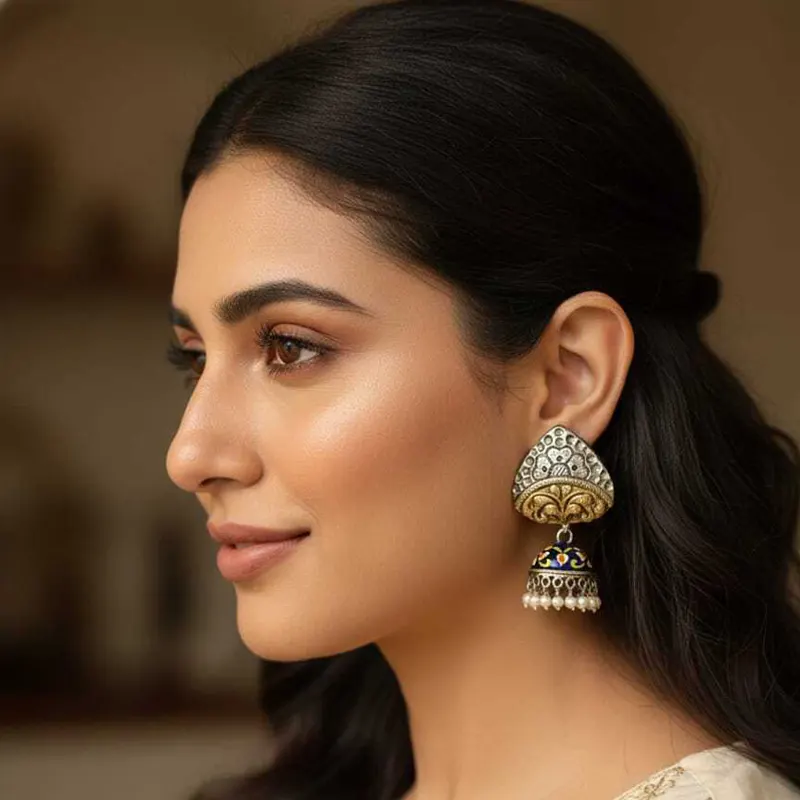Dual Tone Oxidised Jhumka Earrings - Image 2