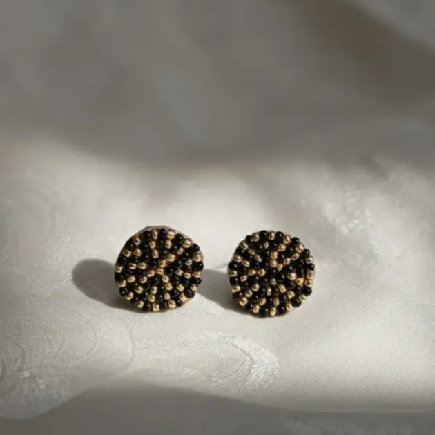 Geometric Black & Gold  Beaded Flat Stud Earrings