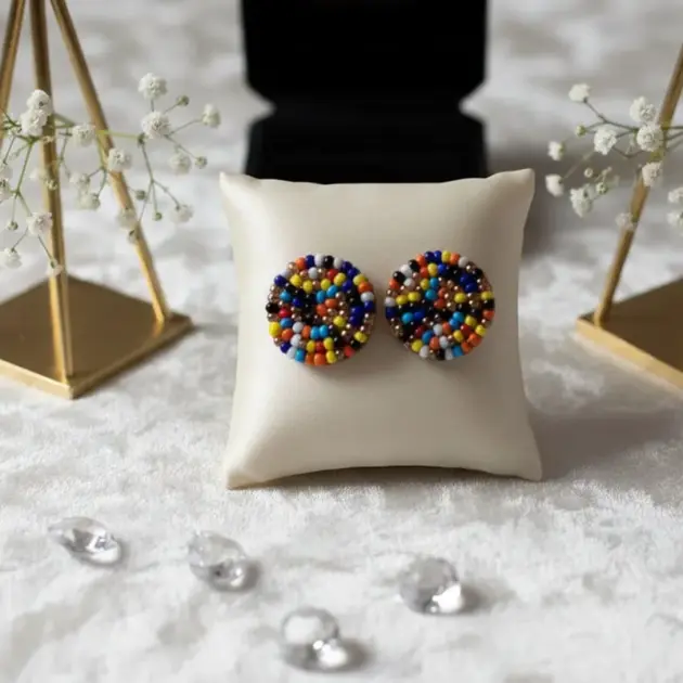 Geometric Rainbow Beaded Flat Stud Earrings