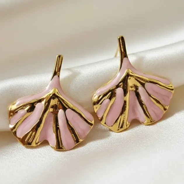 Ginkgo Pink And Gold Leaf Stud Earrings