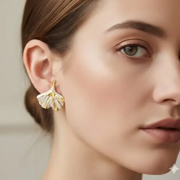 Ginkgo White And Gold Leaf Stud Earrings