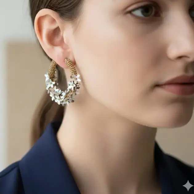 Gold-plated Hoop Earrings With White Floral And Pearl