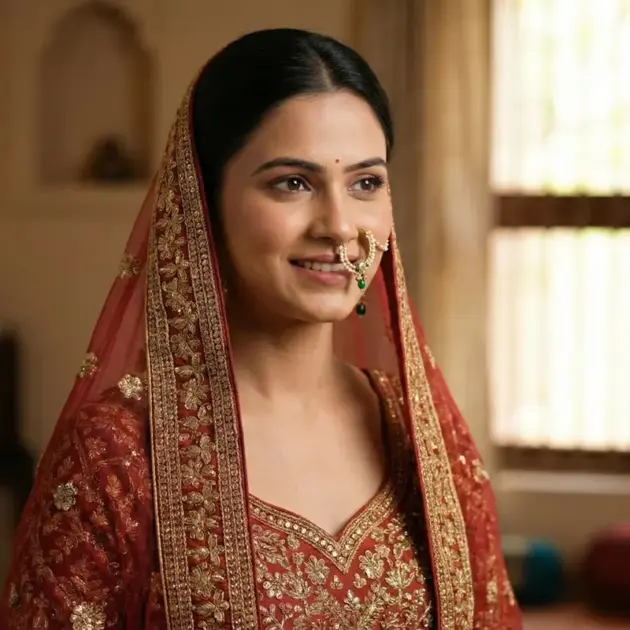 Gold-tone Hoop Adorned With Intricate Red And White Beadwork Nath