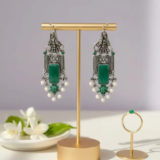 Green Stone Antique Silver Plated Dancing Girl Design Earrings