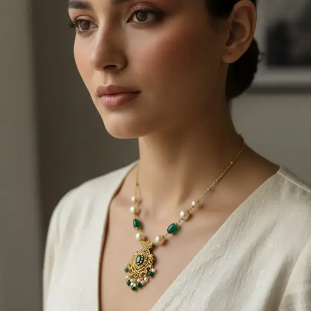 Green Stone Pendant Necklace With Earrings